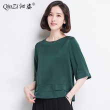 夏季新款女装中老年重磅真丝上衣短袖纯色宽松桑蚕丝妈妈T恤