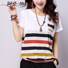 阿桑纳拉夏装新款宽松短袖T恤女士条纹休闲圆领T恤大码女装