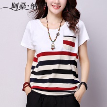 阿桑纳拉夏装新款宽松短袖T恤女士条纹休闲圆领T恤大码女装