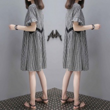 欧货夏季新款女装大码格子宽松娃娃裙中长款a字连衣裙女潮