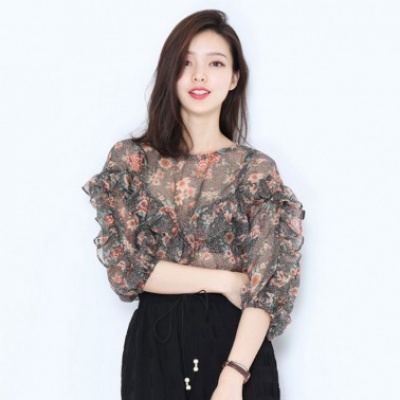 夏装新款女装碎花雪纺衫五分袖短款宽松显瘦上衣仙女百搭小衫